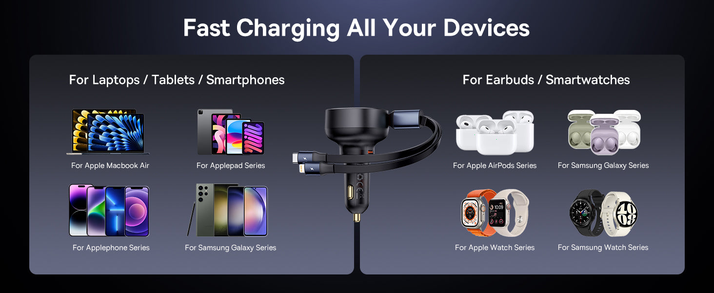 Chargeur de voiture Baseus avec port USB-C et câble rétractable USB-C et Lightning 60 W, gamme Enjoyment Pro - Noir C00057802111-02