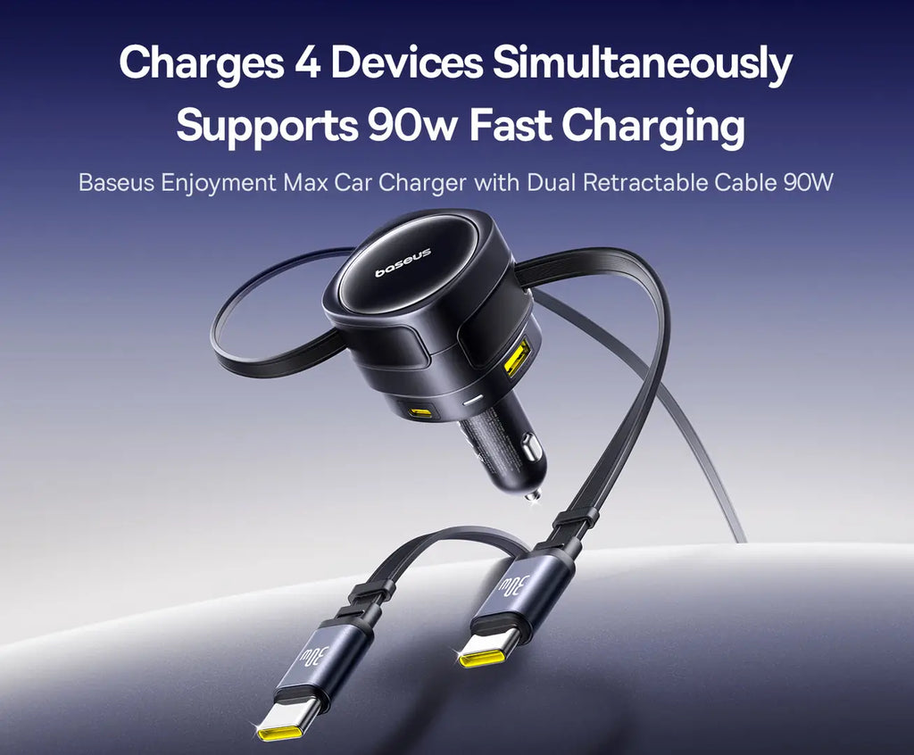 Chargeur de voiture Baseus Enjoyment Max 90 W – Deux câbles rétractables USB-C + ports USB-C et USB-A – Noir C00035507121-03